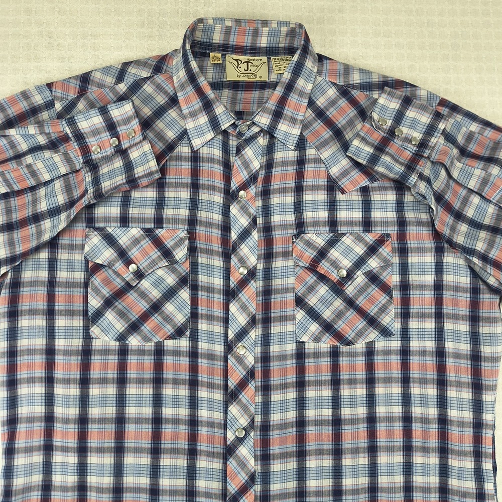 Western Wear Mens Large Pearl Snap Plaid Long Sleeve Shirt Blue Red Long Sleeve